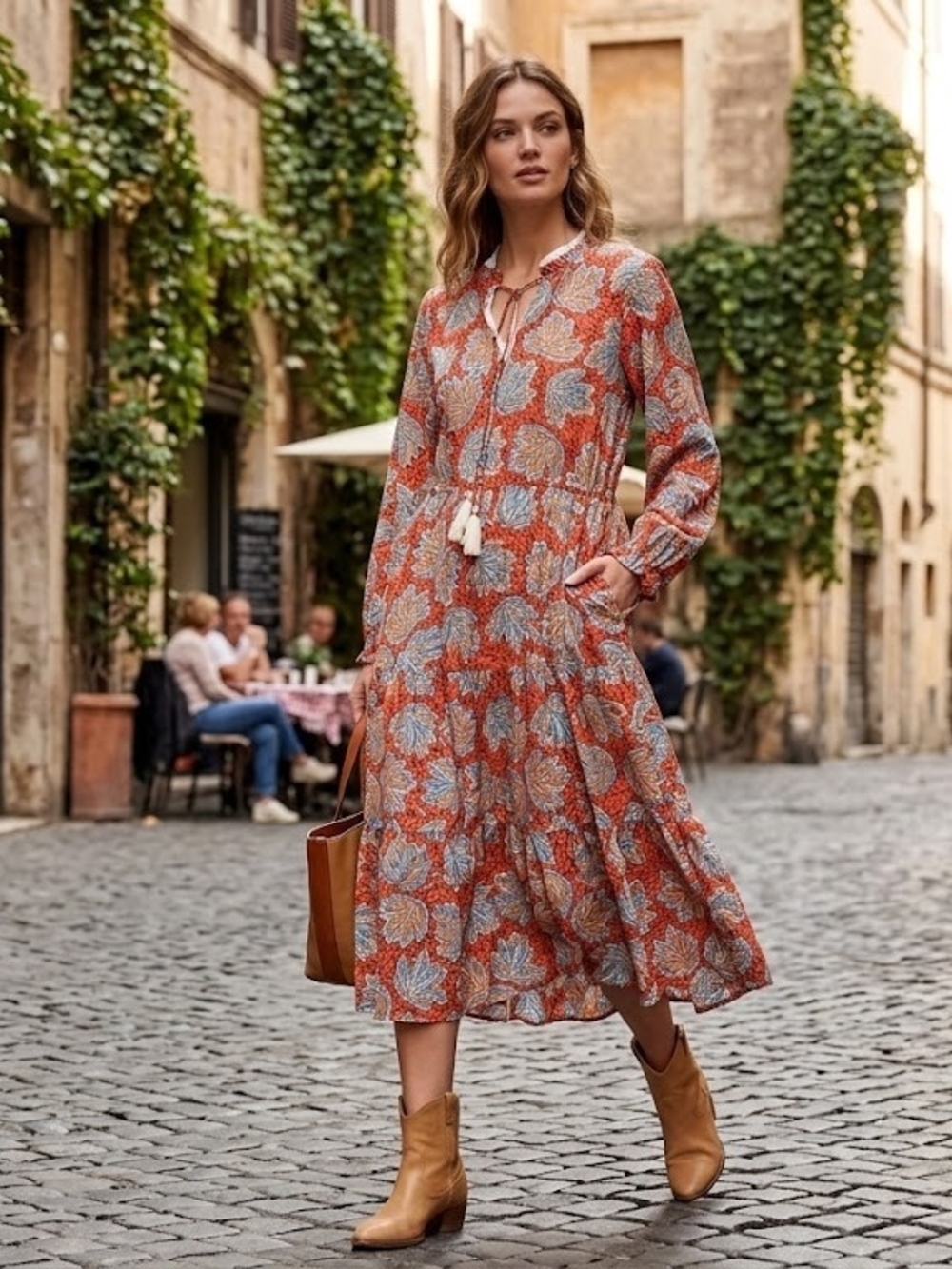 THML Rust Floral Midi Dress with Blue Accents